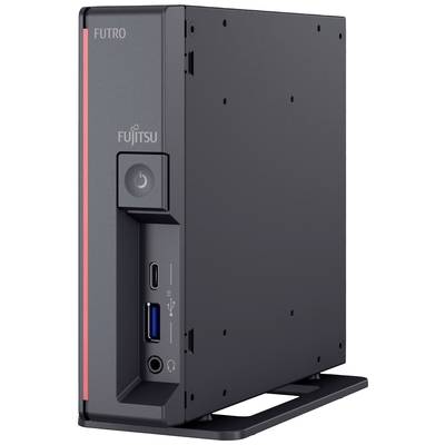 Kleiner, schwarzer Fujitsu-Computertower mit sichtbaren Anschlüssen und Power-Knopf an der Vorderseite.