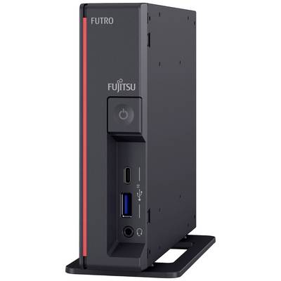 Ein Fujitsu Futro Thin Client in schwarz mit USB-Anschluss, Kopfhöreranschluss und Power-Taste, auf einem Standfuß stehend.