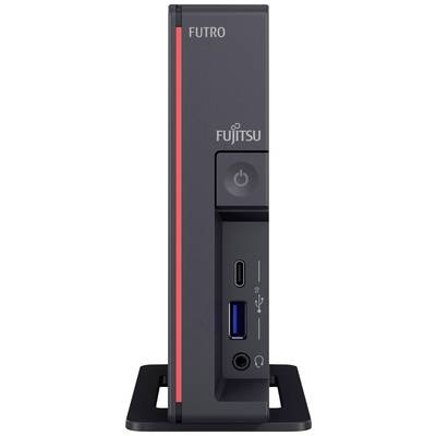 Schwarzer Fujitsu FUTRO Mini-PC frontal betrachtet, mit rotem Streifen und deutlichem Power-Button. Enthält USB- und Audiobuchsen.