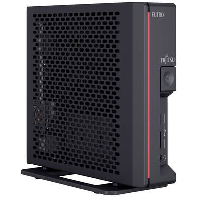 Schwarzer Fujitsu FUTRO Thin Client mit perforierter Oberfläche, markantes rotes Detail, zwei USB-Ports und Standfuß.
