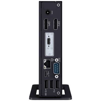 Ein schwarzer Computer-Dockingstation. Zeigt zwei DisplayPort- und einen USB-C-Port sowie Ethernet-, USB- und Audioanschlüsse.