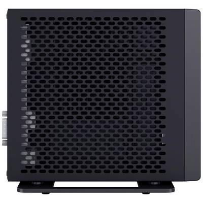 Ein schwarzes Computergehäuse mit perforierten Seiten für Belüftung, Ansicht von der Seite.