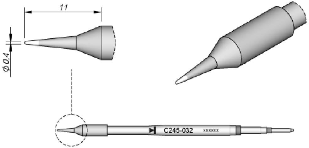 Lötkolben-Spitze C245-032 mit Maßen: Länge 11 mm und Durchmesser 0,4 mm. Geeignet für präzises Löten.