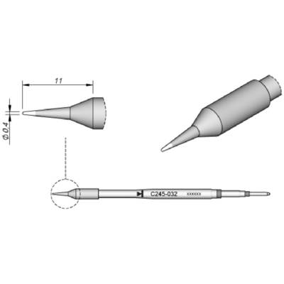 Lötkolben-Spitze C245-032 mit Maßen: Länge 11 mm und Durchmesser 0,4 mm. Geeignet für präzises Löten.