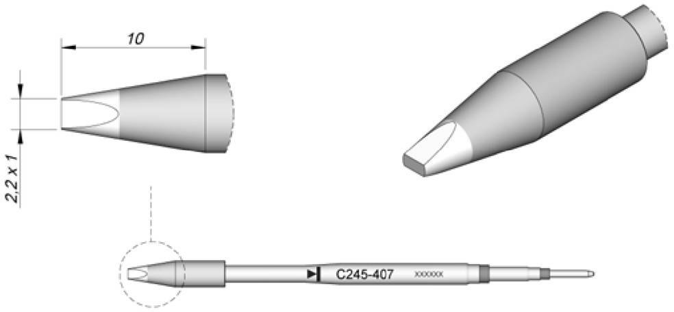 Lötspitze C245-407 mit flacher, abgeschrägter Spitze, Maßangaben 2,2 x 1 und 10 mm. Geeignet für präzises Löten.