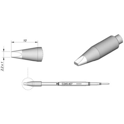 Lötspitze C245-407 mit flacher, abgeschrägter Spitze, Maßangaben 2,2 x 1 und 10 mm. Geeignet für präzises Löten.