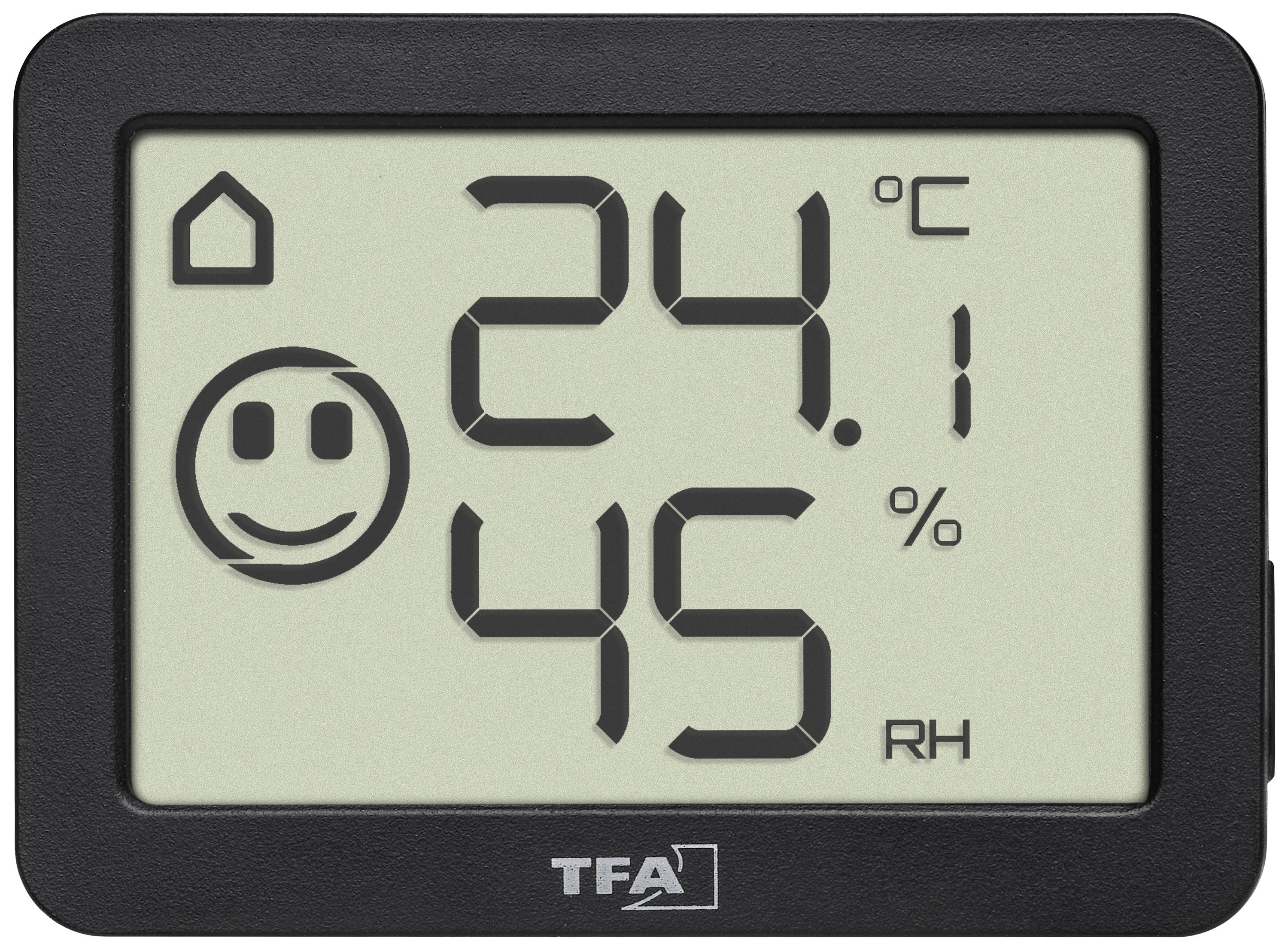 Digitaler Hygrometer mit LCD-Anzeige zeigt 24,1 Grad Celsius und 45% Luftfeuchtigkeit an, Smiley-Symbol für gutes Klima.