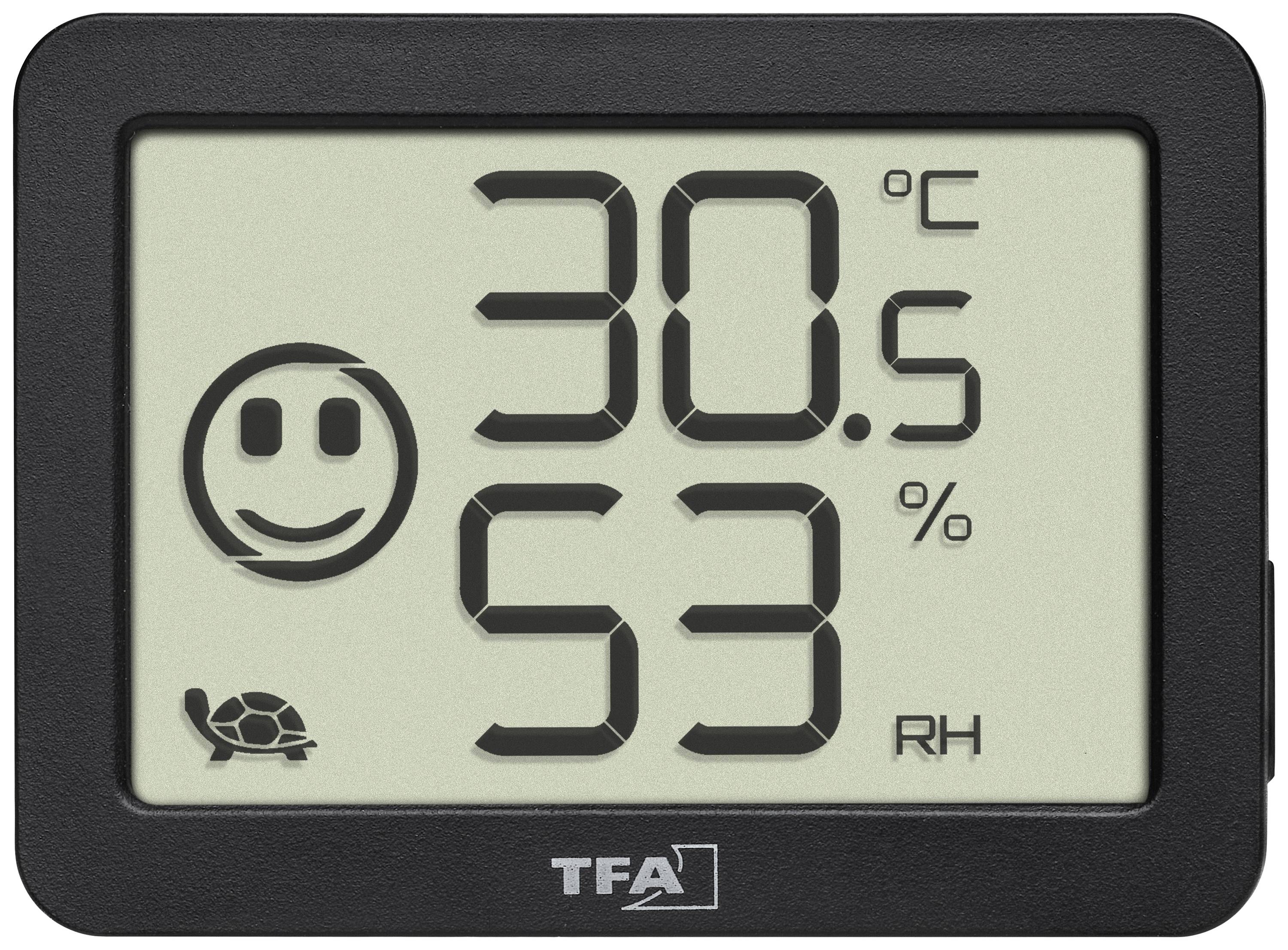 Digitales Thermometer zeigt 30,5 Grad Celsius und 53 Prozent Luftfeuchtigkeit an. Smiley-Symbol und Schildkröte daneben.