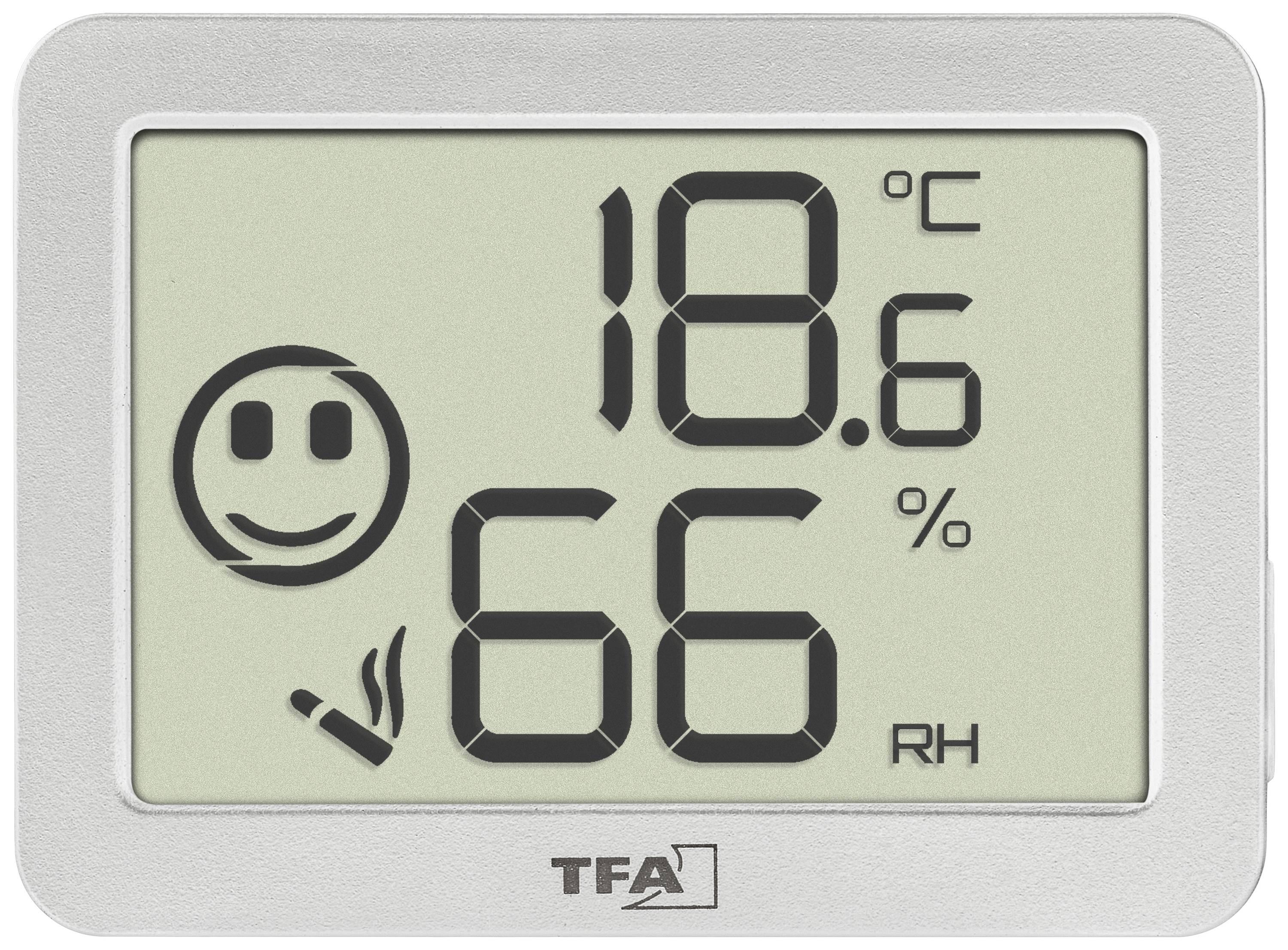 Digitales Thermometer zeigt 18,6 Grad Celsius und 66 Prozent Luftfeuchtigkeit mit Smiley-Symbol.