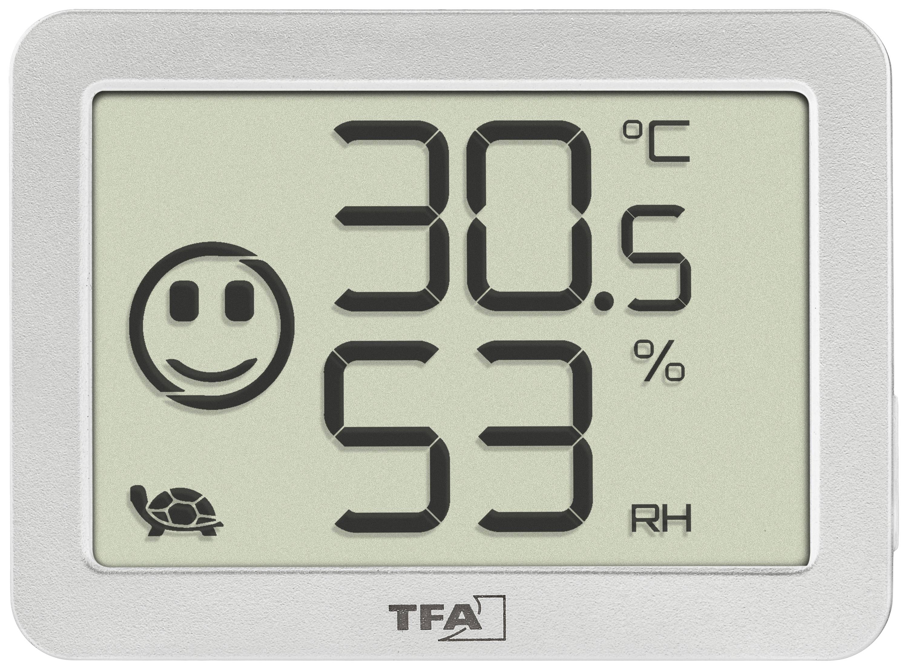 Digitales Thermometer-Hygrometer zeigt 30,5 Grad Celsius und 53 Prozent Luftfeuchtigkeit an. Smiley und Schildkröte unten links.
