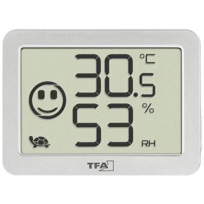 Digitales Thermometer-Hygrometer zeigt 30,5 Grad Celsius und 53 Prozent Luftfeuchtigkeit an. Smiley und Schildkröte unten links.
