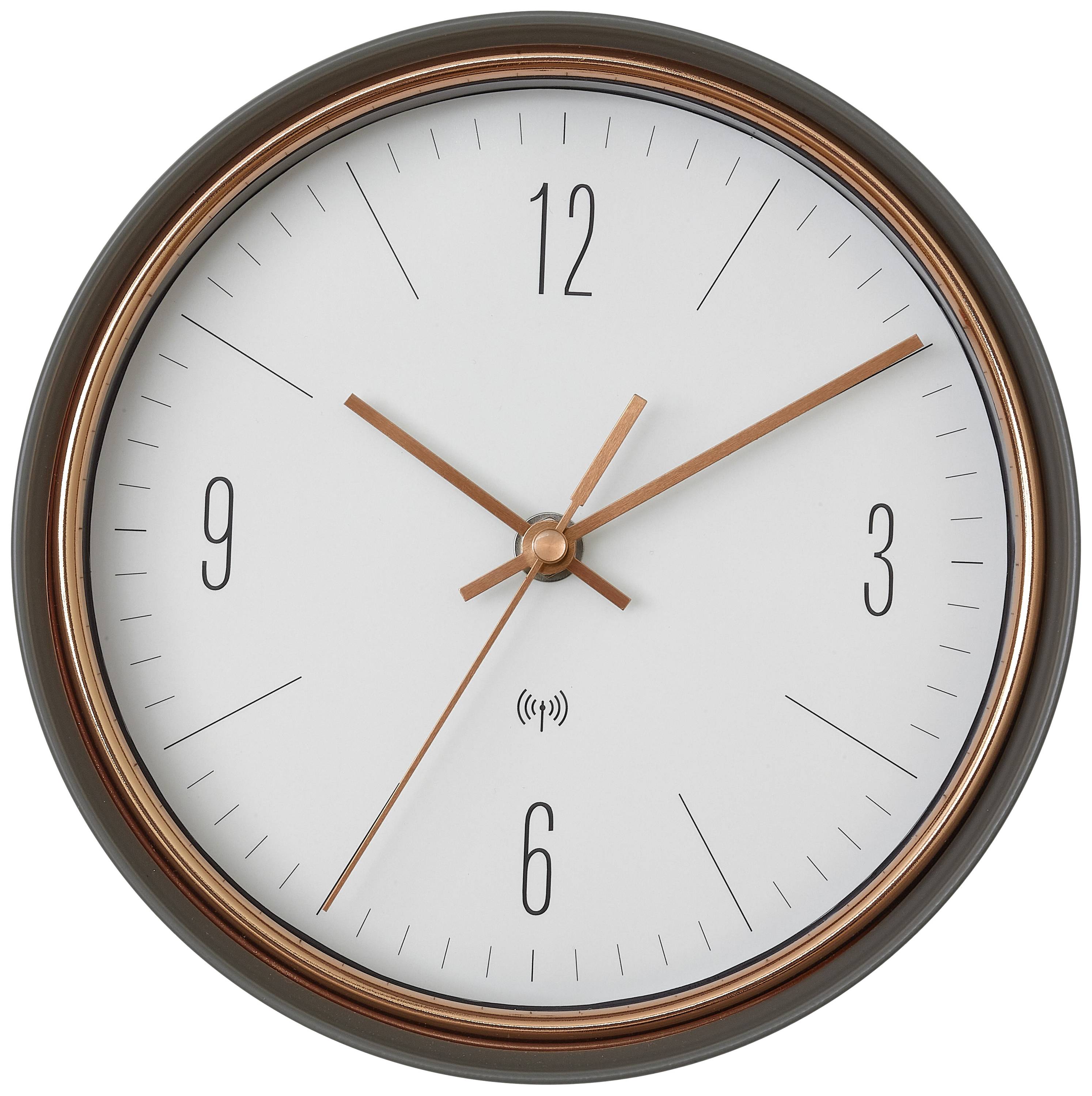 Analoge Wanduhr mit schwarzem Rahmen und kupferfarbenen Zeigern zeigt 10:10 Uhr, keine weiteren Markierungen oder Text.