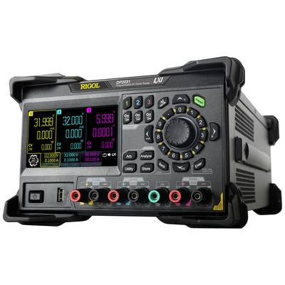 Ein Rigol DP2031 Leistungsanalysator mit mehreren digitalen Anzeigen, die Werte für Spannung, Strom und Leistung anzeigen.