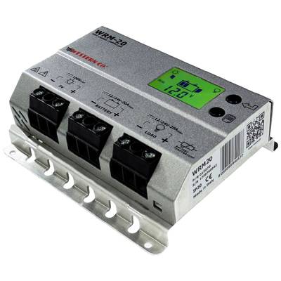 Stromregler WRM-20 mit LCD-Display. Zeigt Ladestrom von 12,9V an. Metallgehäuse mit Anschlussklemmen für Batterie und Last.