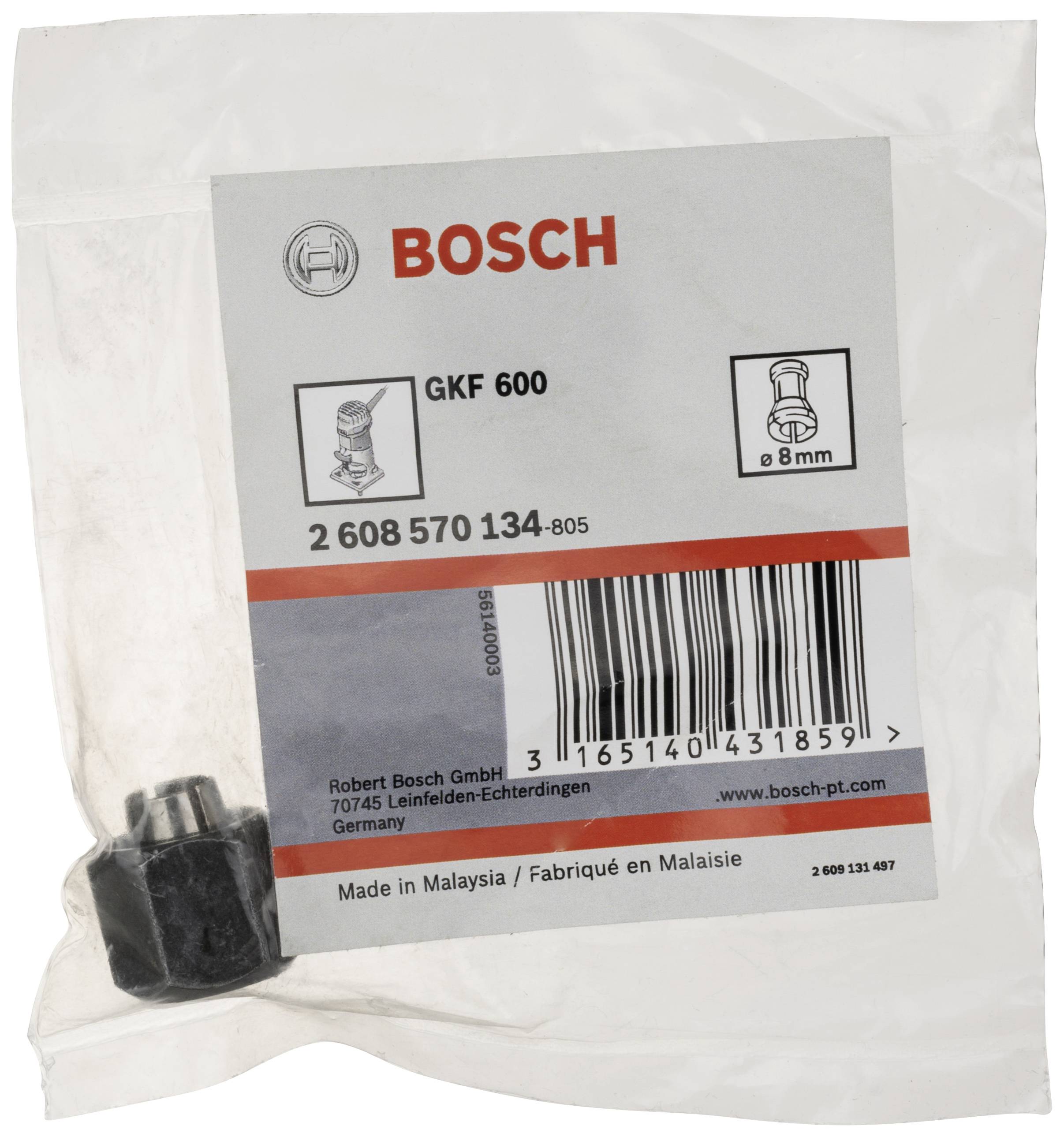 Ersatzteilpackung von Bosch, Modell GKF 600, Artikelnummer 2 608 570 134-805, Schraubenkopf abgebildet, hergestellt in Malaysia.
