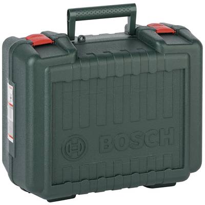 'Bosch' Werkzeugkoffer in dunkelgrün mit roten Verschlüssen und Griff, für sichere Aufbewahrung und Transport von Werkzeug.