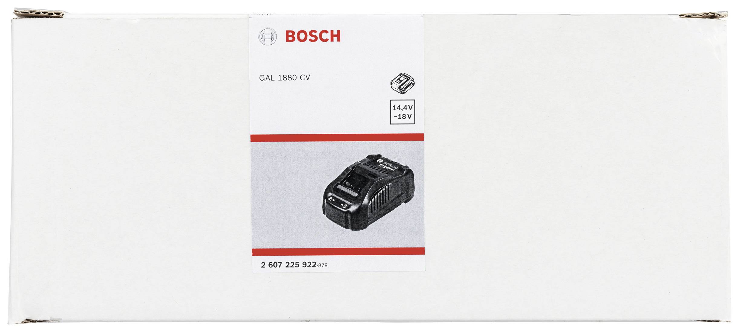 Ein Bosch GAL 1880 CV Ladegerät-Verpackung mit Abbildung des Ladegeräts und Spezifikationen: 14,4V - 18V, Teilenummer 2 607 225 522.
