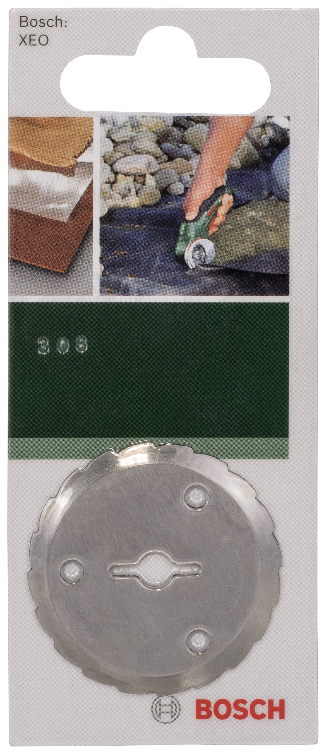 Verpackung eines Bosch XEO Ersatzmessers, zeigt das Produkt in Anwendung auf Stoff und Vliesstoff. Geeignet für Universal-Schneider.