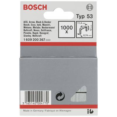 Die Verpackung enthält 1000 Bosch-Heftklammern Typ 53, geeignet für Marken wie AEG, Arrow, Black & Decker, mit Maßen 11,4 x 12 mm.