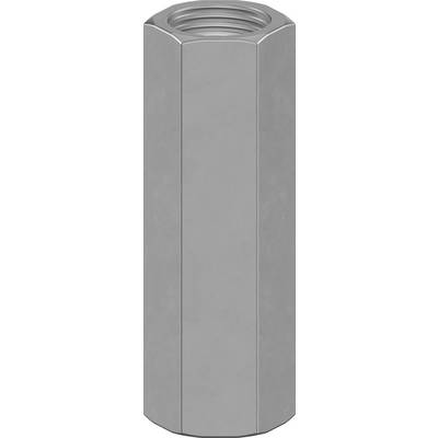 Sechskant-Mutter aus Metall in zylindrischer Form mit Innengewinde, typischerweise zur Verbindung von Schrauben verwendet.