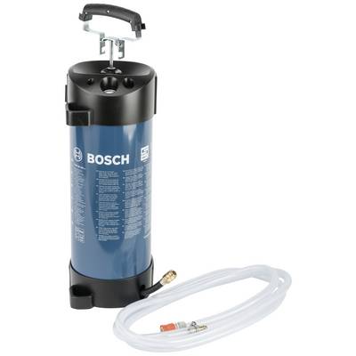 Werkzeug mit blauem Zylinder und schwarzem Griff, Markenname 'Bosch' sichtbar. Eine weiße Schlauchleitung ist angeschlossen.