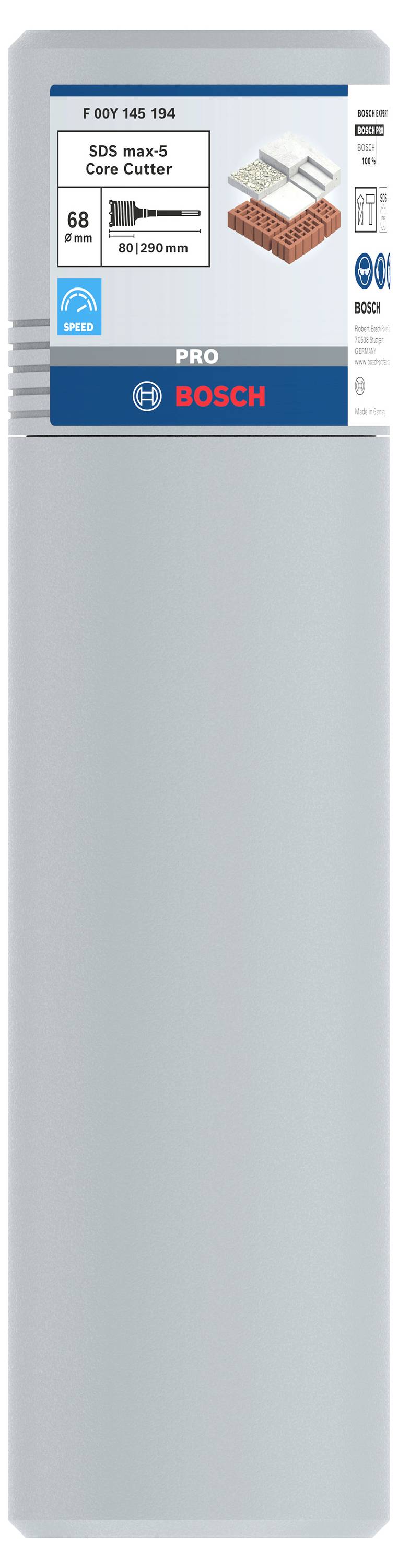 Bosch Pro SDS ClicDrill Set für Beton, Steine, 68 mm, in grauem Etui. Enthält Spezifikationen und Abbildung des Bohrers.