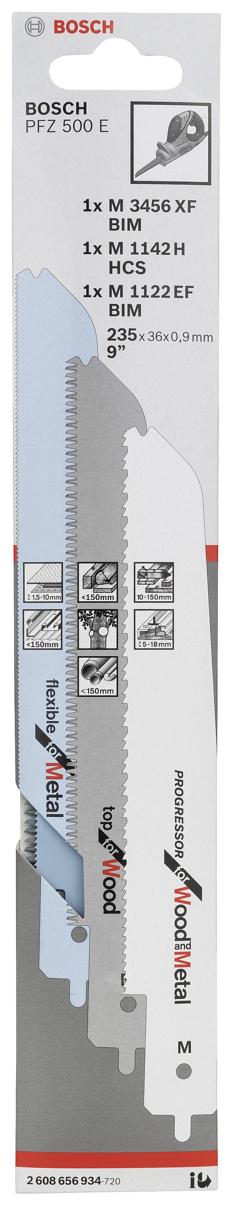 'Säbelsägeblätter Bosch PFZ 500 E: 1x M 3456 XF BIM, 1x M 1142 H Holz, 1x M 1122 EF BIM. Für Holz und Metall. 235 x 19 x 0,9 mm.'