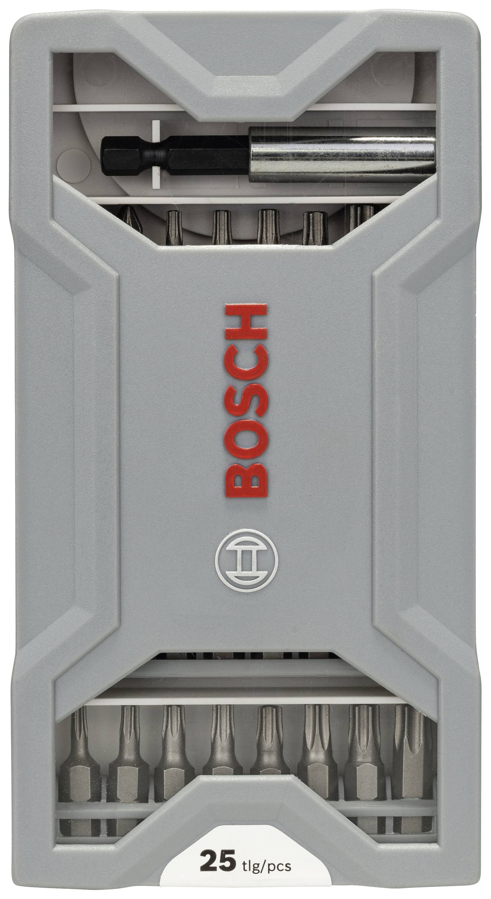 'Bosch 25tlg. Schraubendreher-Set mit grauem Gehäuse, enthält verschiedene Schraubendreherbits.'