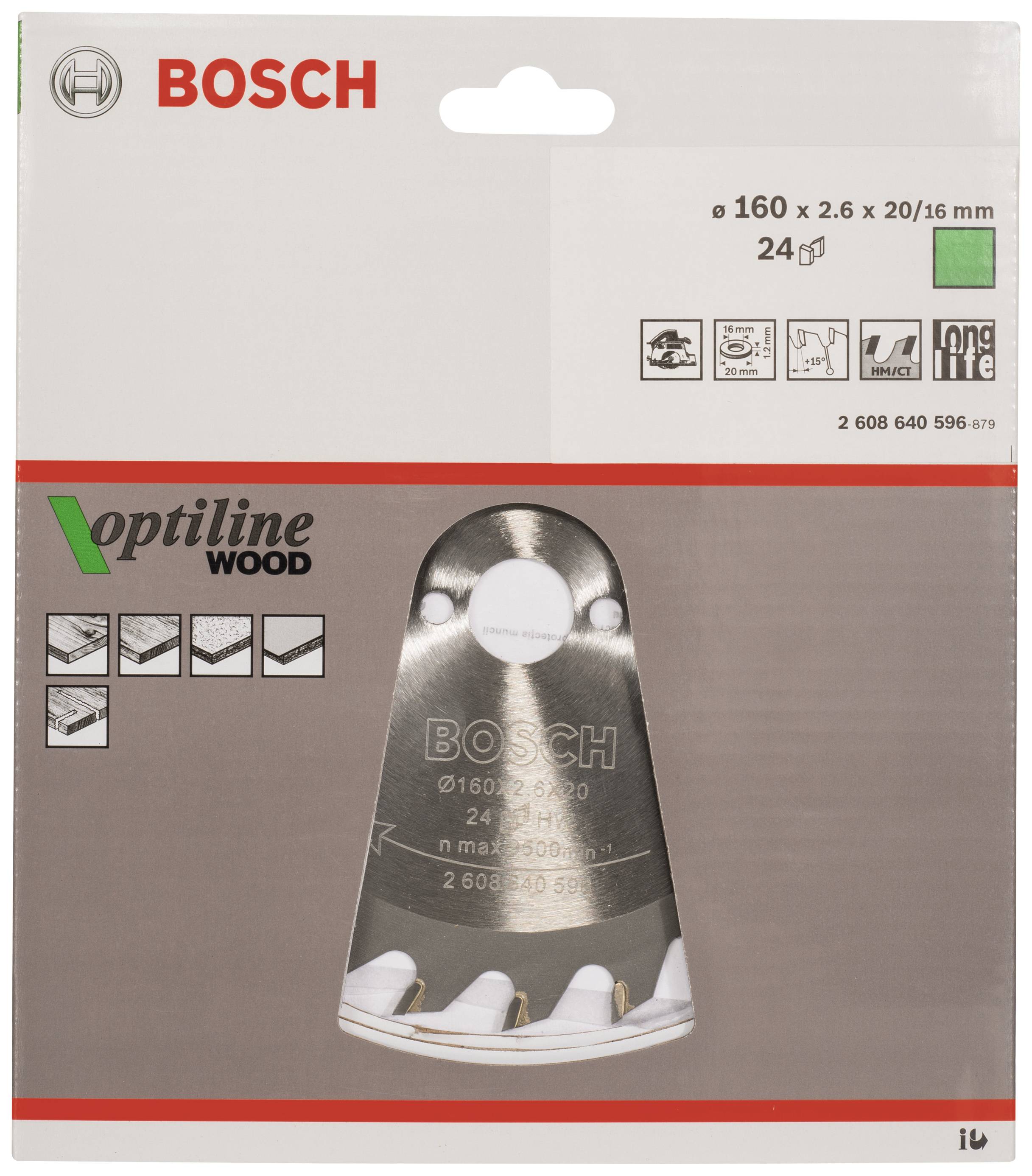 Verpackung einer Bosch Optiline Wood Sägeblatt, 160x2,6x20/16 mm, 24 Zähne. Produktbild des Blatts und Anwendungsbeispiele.