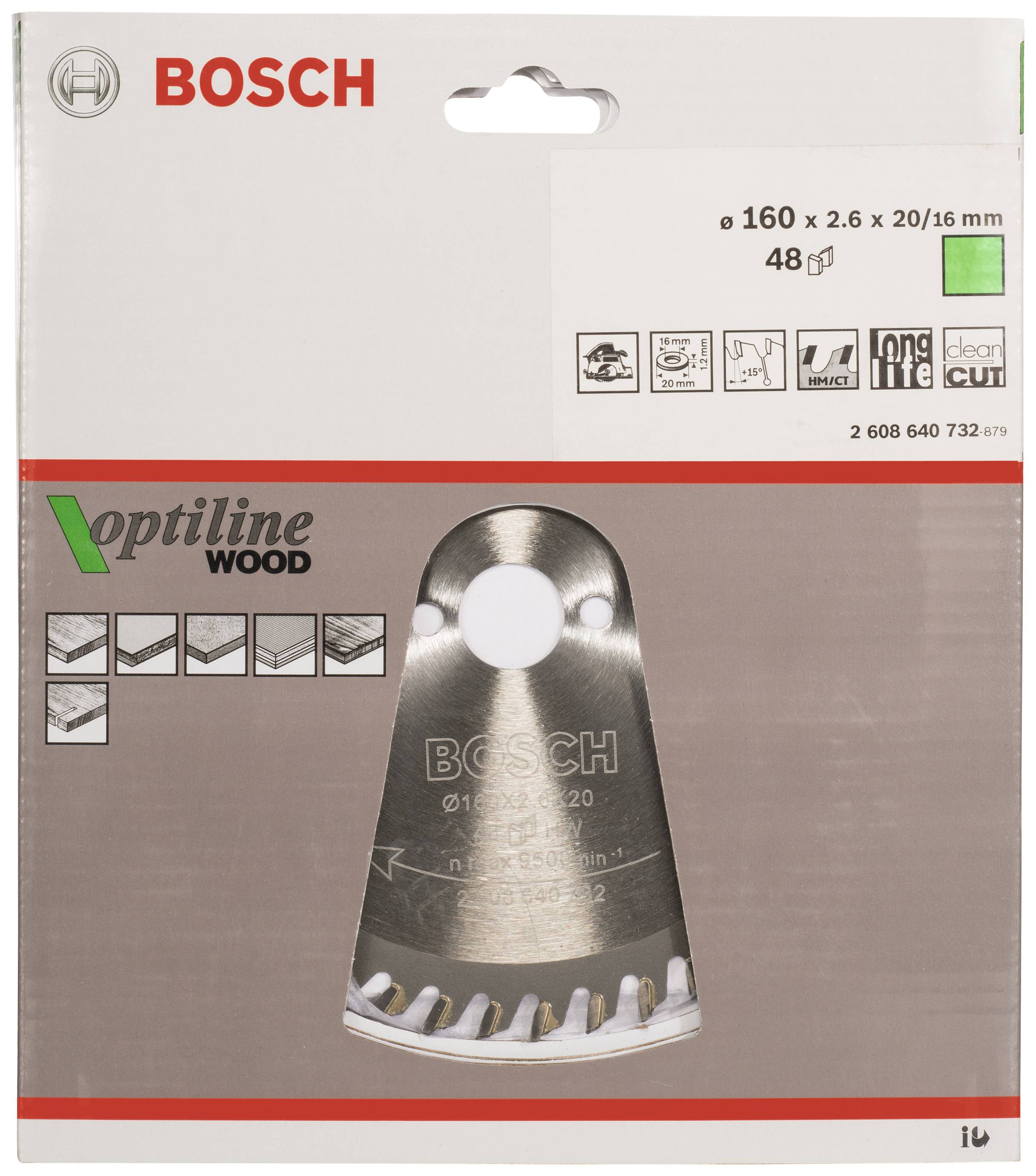 'Sägeblatt für Holz von Bosch, Optiline Wood, Durchmesser 160 mm, 48 Zähne, geeignet für präzise Schnitte in Holzmaterialien.'