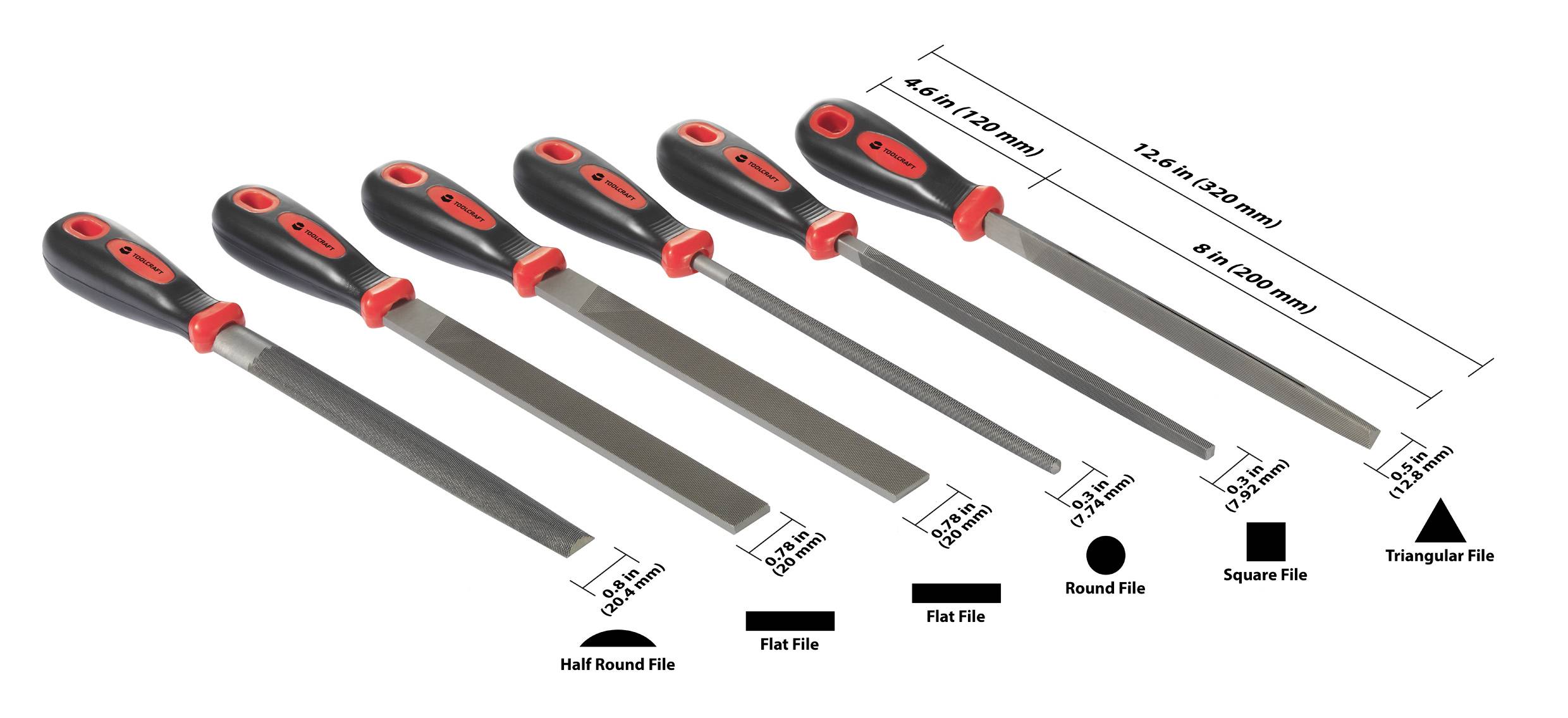 Sechs Metallfeilen mit schwarzen und roten Griffen, in verschiedenen Formen: halbrund, flach, rund, quadratisch, flach und dreikant.