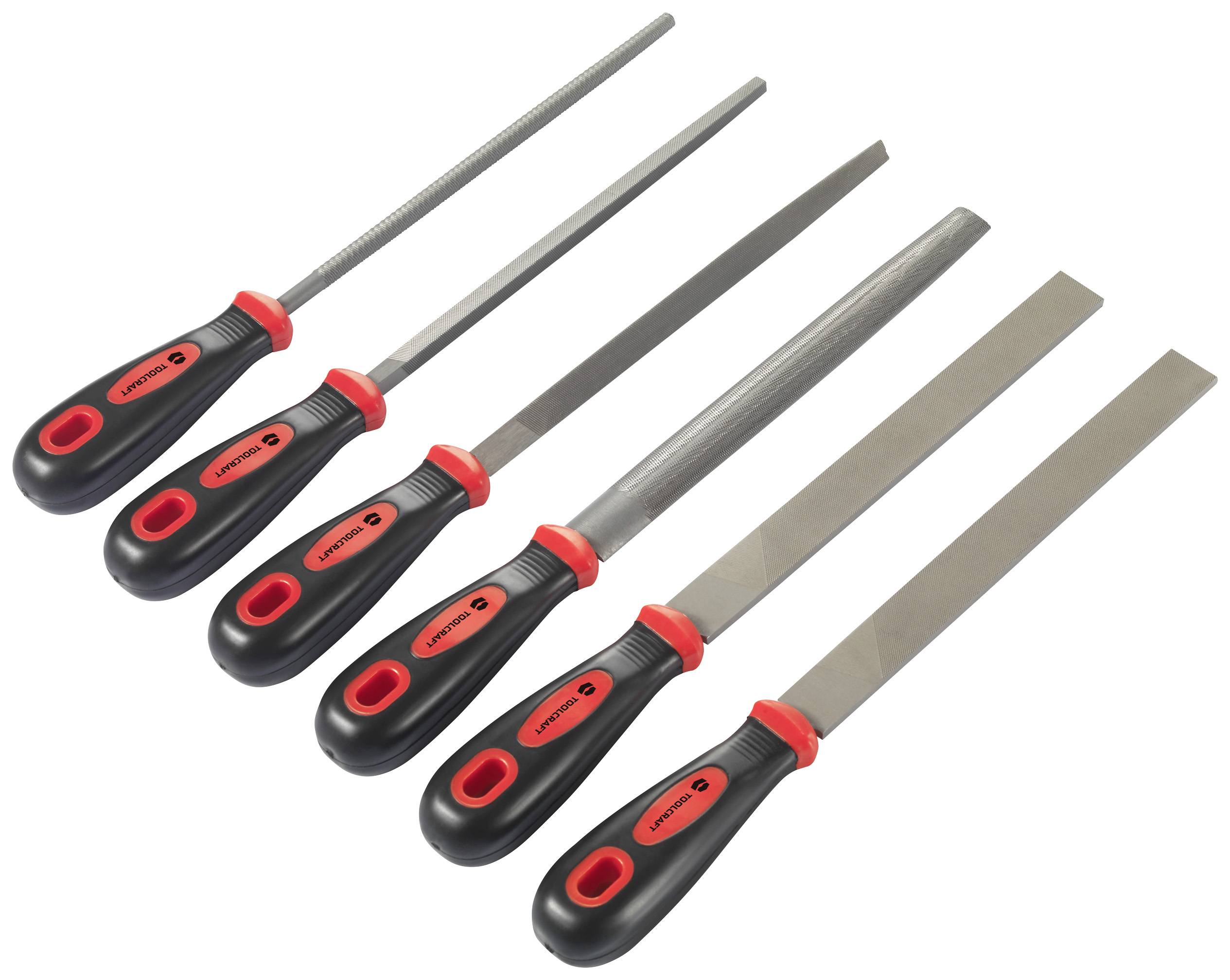 Sechs Metallfeilen mit schwarzen Griffen, nebeneinander angeordnet. Verschiedene Formen und Größen, für Metallbearbeitung geeignet.