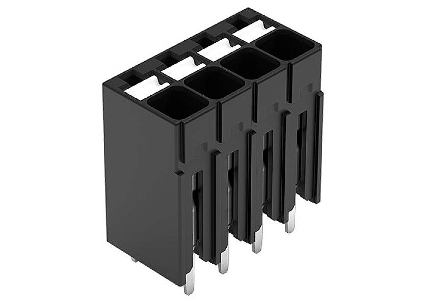 Ein schwarzer, fünfpoliger Steckverbinder für elektronische Geräte, mit Metallkontakten an der Unterseite.
