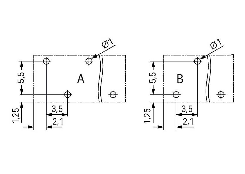 Technische Zeichnung zeigt zwei Bauteile 'A' und 'B' mit identischen Maßen. Details: Lochdurchmesser 1 mm, Abstände 5,5 mm und 3,5 mm.