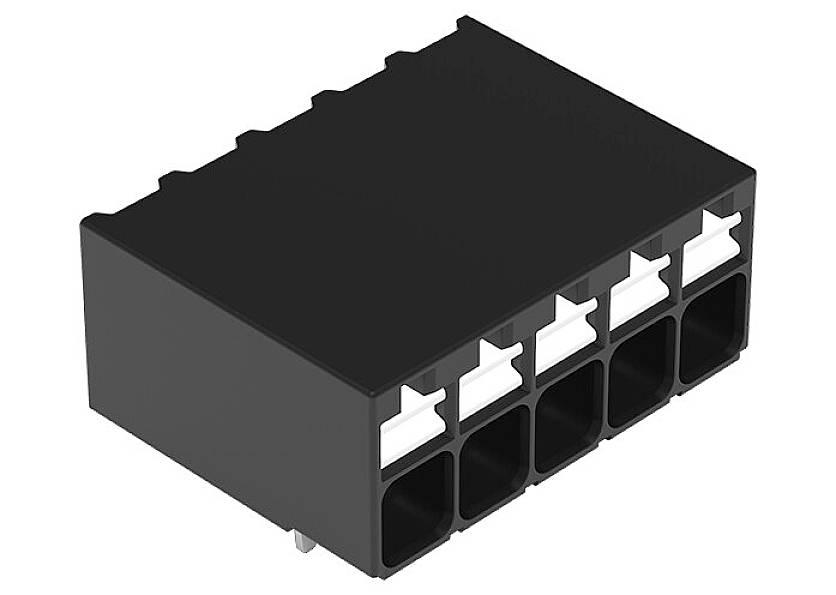 Schwarzes elektrisches Steckverbindergehäuse mit sechs rechteckigen Anschlüssen und weißen Clips oben zum Verriegeln der Kontakte.
