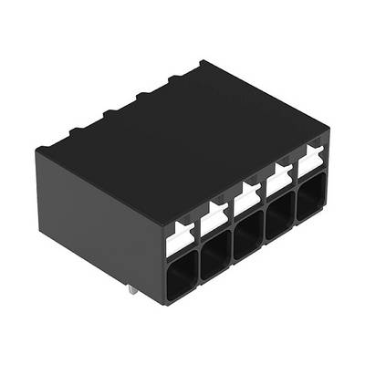 Schwarzes elektrisches Steckverbindergehäuse mit sechs rechteckigen Anschlüssen und weißen Clips oben zum Verriegeln der Kontakte.