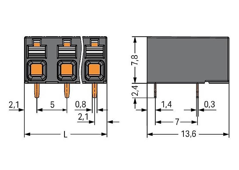 Technische Zeichnung eines elektrischen Steckverbinders mit Maßen in Millimetern: Breite 13,6, Höhe 7,8, Pin-Abstand 5.