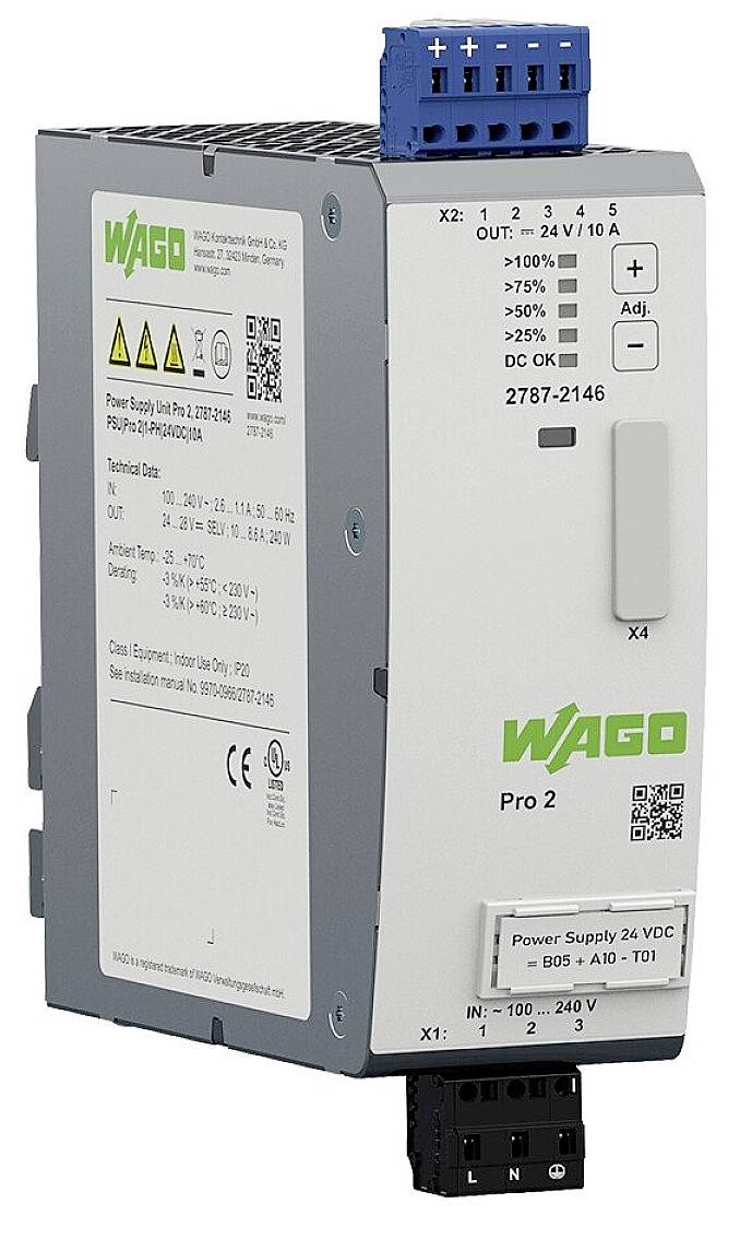 Industrienetzteil, Marke WAGO, Modell Pro 2. Auf dem Gerät sind Anschlüsse, Schalter und LED-Anzeigen zur Statusüberwachung sichtbar.
