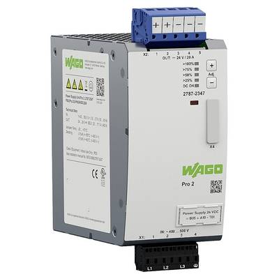 Ein Schaltnetzteil 'WAGO Pro 2' für industrielle Anwendungen mit mehreren Anschlussklemmen, Anzeigeleuchten und technischer Beschriftung.