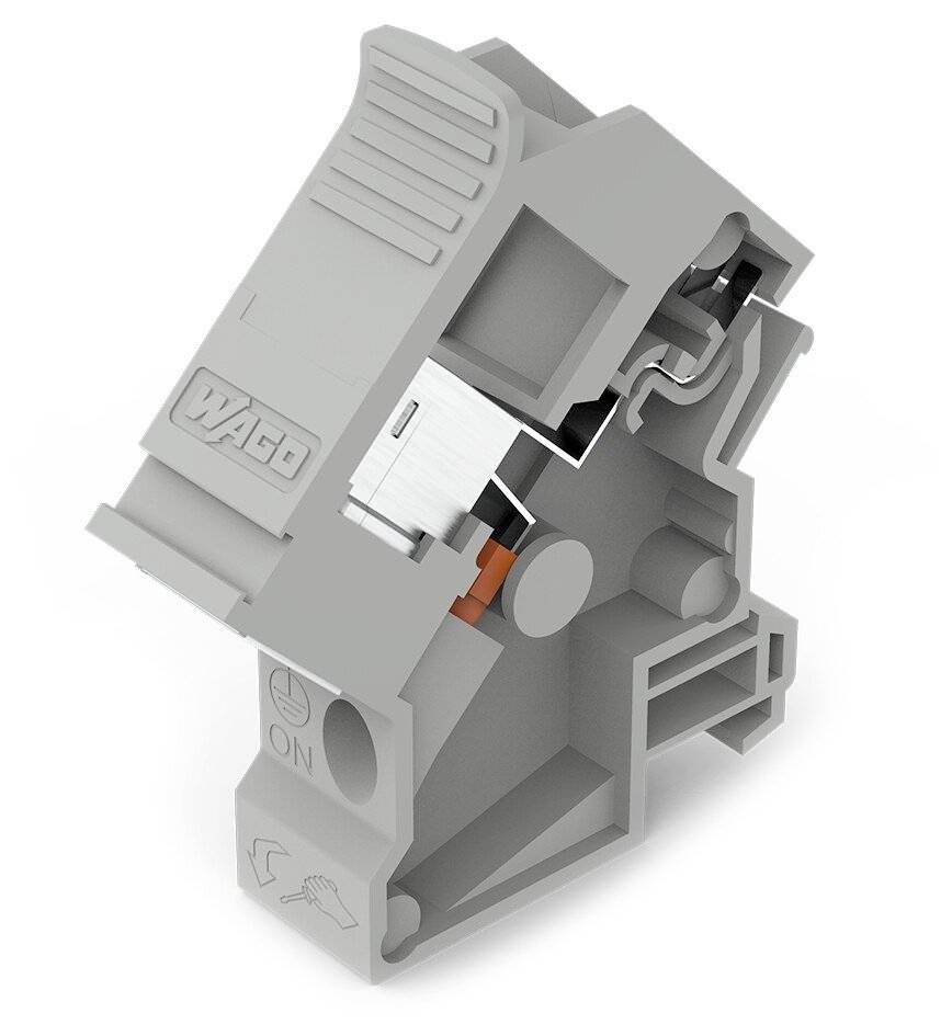 Ein grauer elektrischer Steckverbinder mit Hebelmechanismus und Aufdruck 'WAGO', zeigt die Innenmechanik.