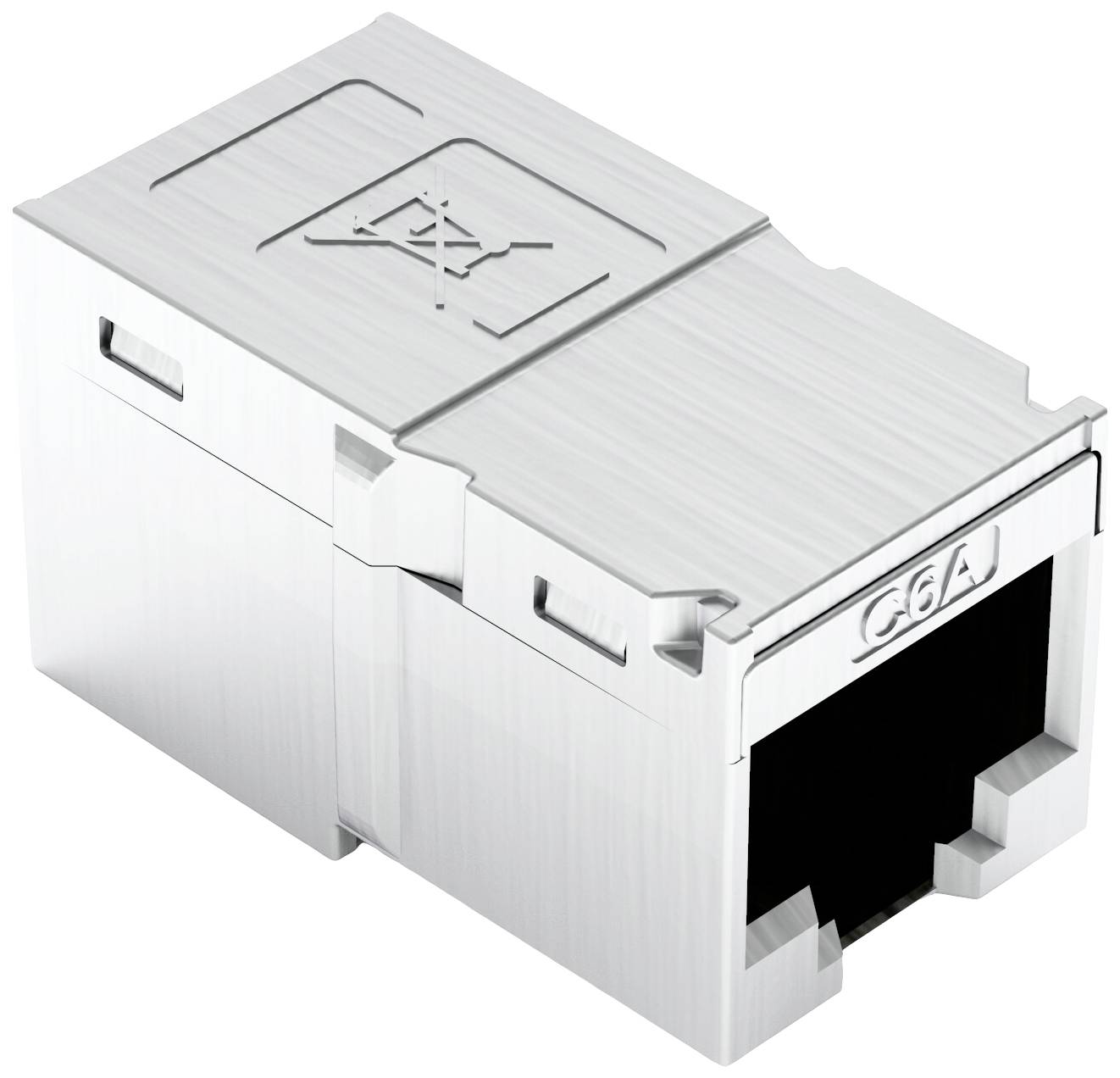 Modulares RJ45-Keystone-Jack, Kategorie 6A, für Ethernet-Verbindungen; rechteckiges, graues Gehäuse mit Buchse an einer Seite.