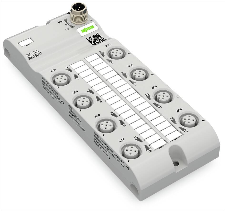 Ein mehrpoliger elektrischer Steckverbinder mit mehreren kreisförmigen Anschlüssen und einem Barcode auf der Oberseite.