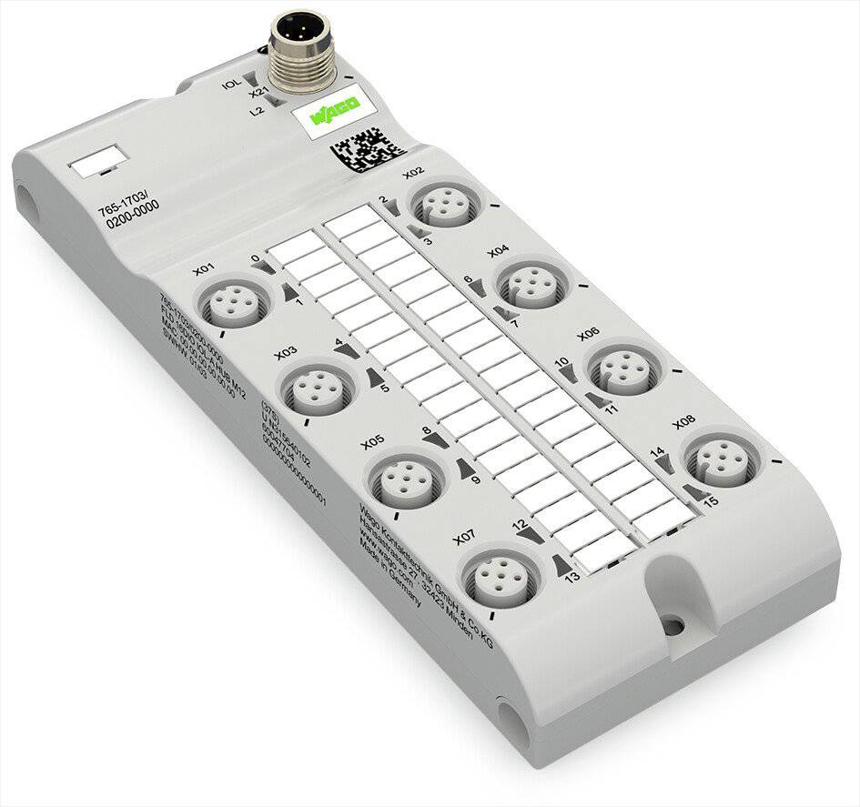 Ein graues elektronisches Modul mit mehreren Anschlussklemmen und einem Barcode oben.