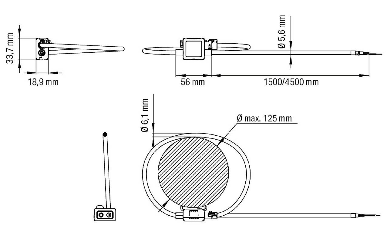 Diagramm eines Kabels mit Messungen: 5,6 mm Kabeldurchmesser, Längen 1500/4500 mm, und weitere Abmessungen 33,7 mm, 18,9 mm, 56 mm, 0 max. 125 mm.