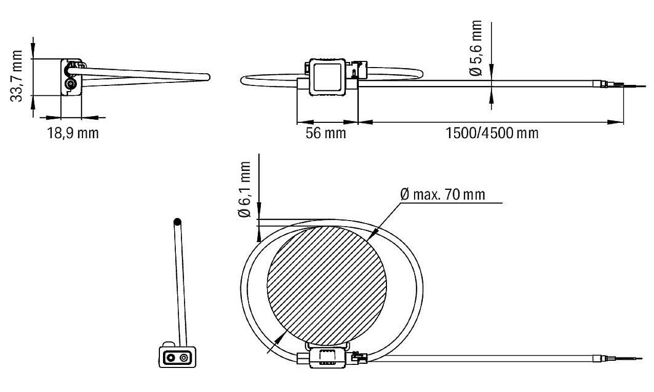 Technische Zeichnung eines kabellosen Geräts: Maße 33,7 mm x 18,9 mm, Kabeldurchmesser 5,6 mm, Kabel 1500/4500 mm lang, max. 70 mm Durchmesser.