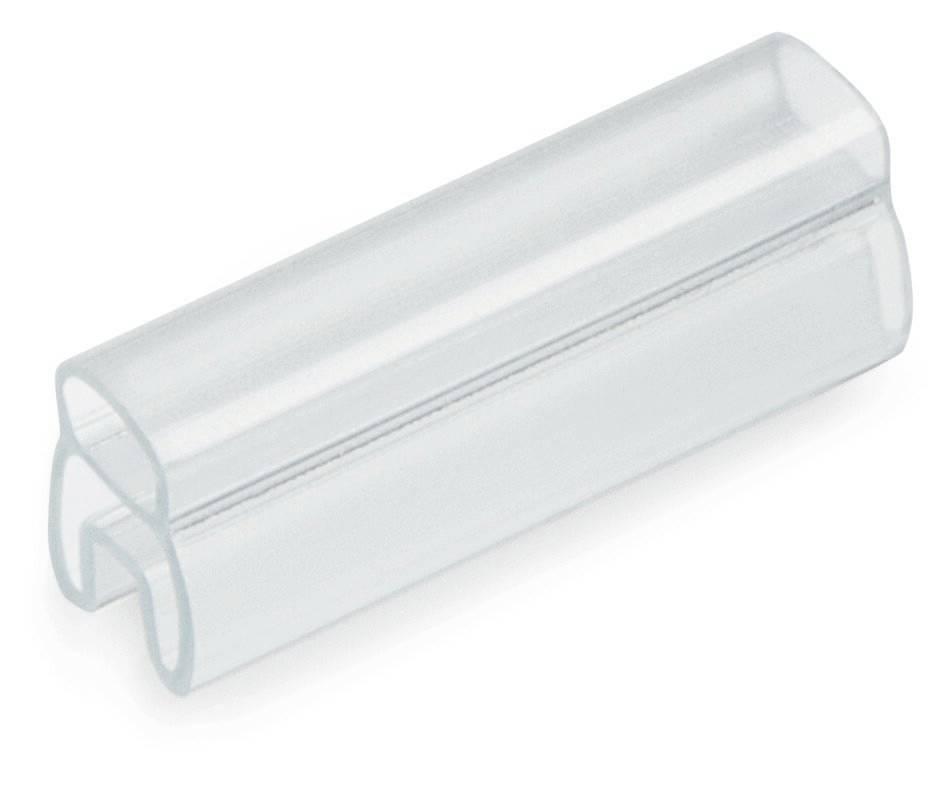 Ein transparenter, zylindrischer Kunststoffverbinder mit seitlicher Öffnung. Geeignet zum Zusammenfügen von Kabeln oder Schläuchen.