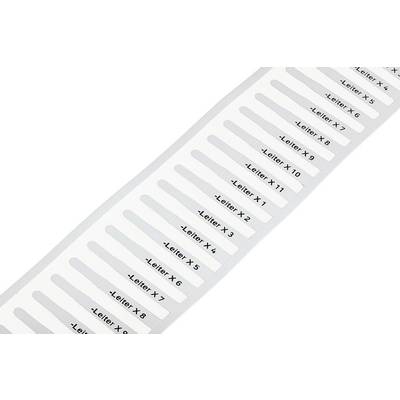 Weiße RFID-Etiketten auf einem Band, jeweils nummeriert von 'Leiter X 1' bis 'Leiter X 12'.
