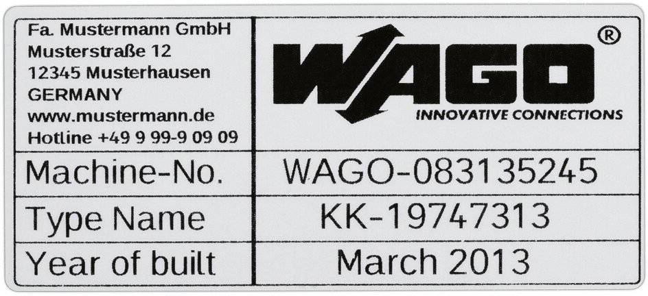 'Maschine-Nr.: WAGO-083135245, Typenname: KK-19747313, Baujahr: März 2013.' Firmenname und Kontakt: 'Fa. Mustermann GmbH, Hotline +49 9 99-9 09 09.'