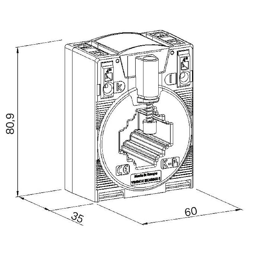 Maßzeichnung eines automatischen Schleifgeräts mit den Dimensionen 80,9 x 60 x 35. Hauptkomponenten und Tasten sind beschriftet.