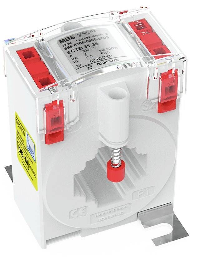 Ein elektrischer Stromwandler mit Beschriftungen auf der Oberseite und einer gelben Sicherheitsinformation an der Seite.